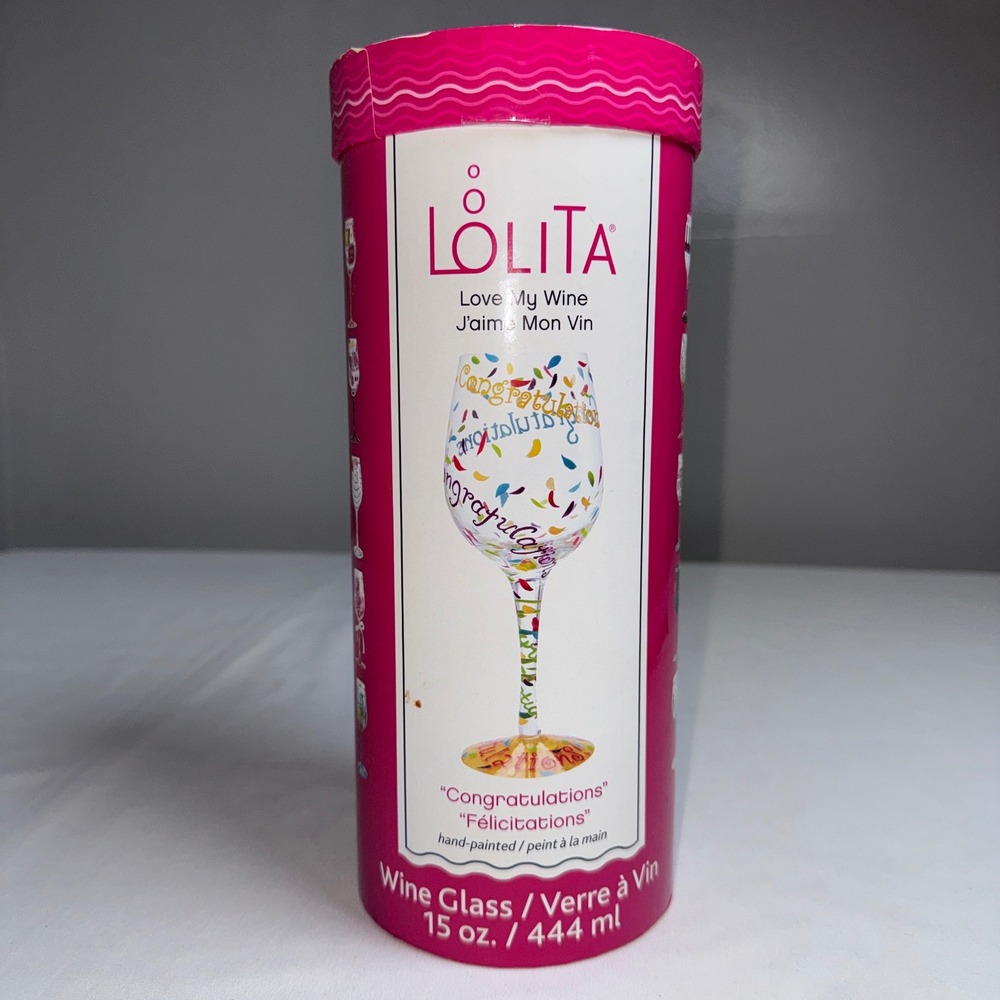 Lolita Love My Wine Congratulations Hand Painted Wine Glass 15oz Gift Box NEW